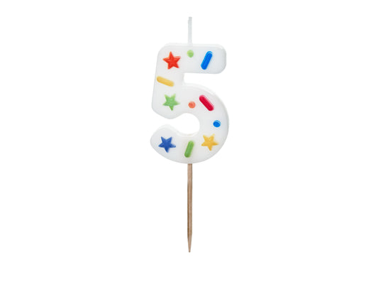 Geburtstagskerze Nummer '5', weisses Konfetti, 5,5 cm