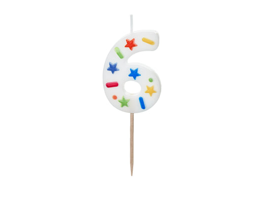 Geburtstagskerze Nummer '6', weisses Konfetti, 5,5 cm