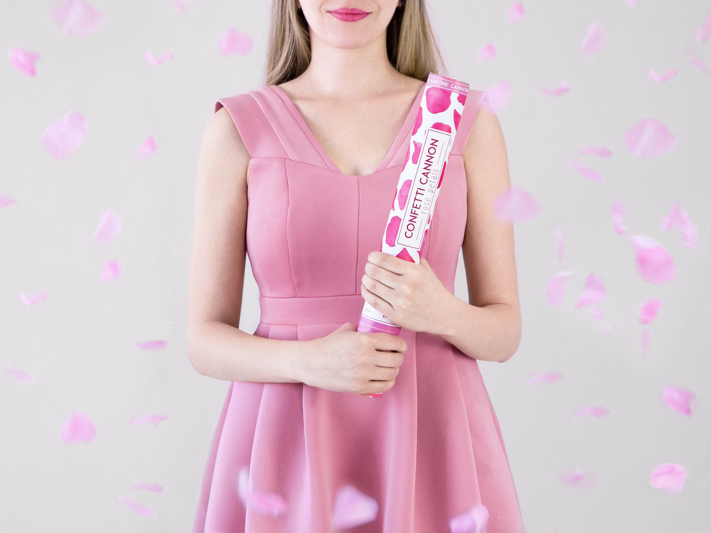 Konfettikanone mit Rosenblättern, rosa, 40cm